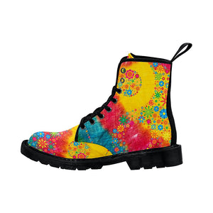 Flower Ying Yang Colorful Tie Die Pattern Rain Boots,Hippie,Combat Style Boots,Emo Punk Boots