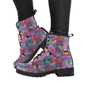 Women's Vegan Leather Boots, Colorful Floral Flowers Design, Handmade Hippie Spiritual Rain Footwear, Classic Streetwear Style