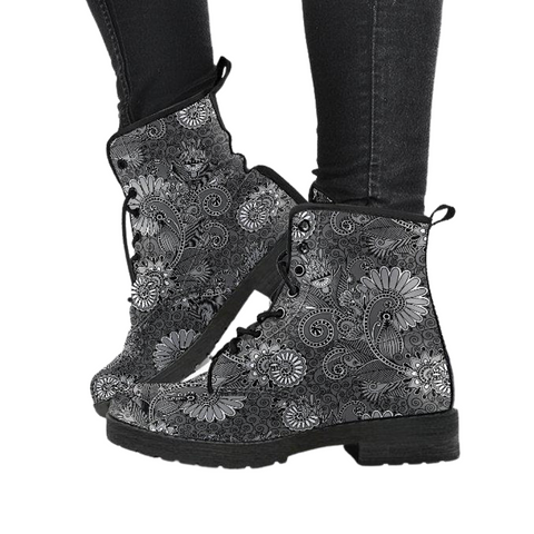 Image of Women's Vegan Leather Boots, Grey Mandala Decor, Handmade Hippie Spiritual Rain Footwear, Classic Streetwear Style