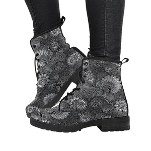 Women's Vegan Leather Boots, Grey Mandala Decor, Handmade Hippie Spiritual Rain Footwear, Classic Streetwear Style