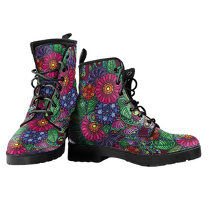Abstract Flowers Handcrafted Women's Boots , Vegan Leather, Hippie Style, Ladies