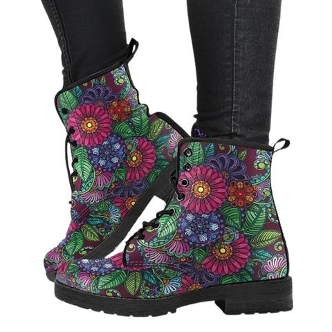 Image of Abstract Flowers Handcrafted Women's Boots , Vegan Leather, Hippie Style, Ladies