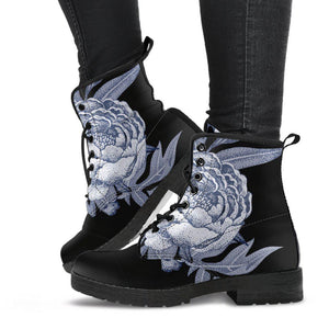 Black Floral Lotus Decor Women's Vegan Leather Boots, Handcrafted, Retro Winter Ankle Boots, Rain Boots, Artistic Design, Comfortable