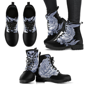 Black Floral Lotus Decor Women's Vegan Leather Boots, Handcrafted, Retro Winter Ankle Boots, Rain Boots, Artistic Design, Comfortable