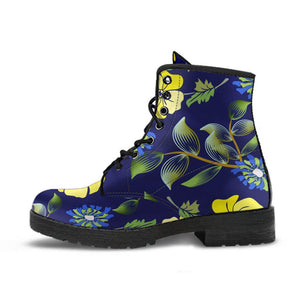 Yellow Floral Leaves Women's Vegan Leather Boots, Handcrafted Bright Fashion