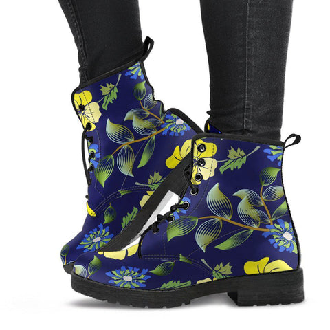 Image of Yellow Floral Leaves Women's Vegan Leather Boots, Handcrafted Bright Fashion