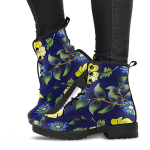 Yellow Floral Leaves Women's Vegan Leather Boots, Handcrafted Bright Fashion
