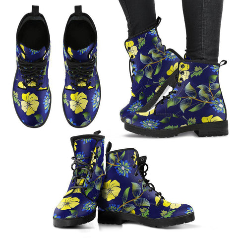 Image of Yellow Floral Leaves Women's Vegan Leather Boots, Handcrafted Bright Fashion