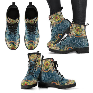 Fractal Flower Mandala Women's Leather Boots, Vegan and Handcrafted, Boho Hippie
