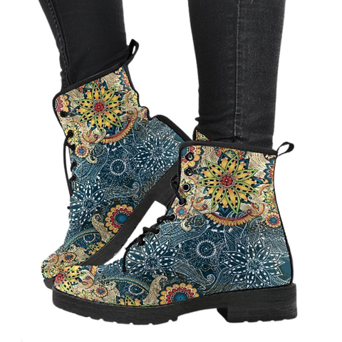Image of Fractal Flower Mandala Women's Leather Boots, Vegan and Handcrafted, Boho Hippie