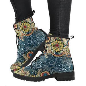 Fractal Flower Mandala Women's Leather Boots, Vegan and Handcrafted, Boho Hippie