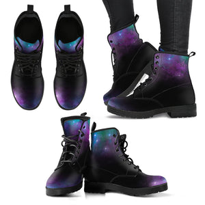 Galaxy Stars Sky Women's Leather Boots, Handcrafted Hippie Astrology Streetwear,