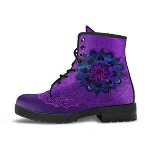 Galaxy Purple Mandala, Women's Vegan Leather Boots, Lace-Up Boho Hippie Style, Mandala Ankle Design