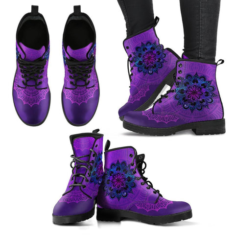 Image of Galaxy Purple Mandala, Women's Vegan Leather Boots, Lace-Up Boho Hippie Style, Mandala Ankle Design