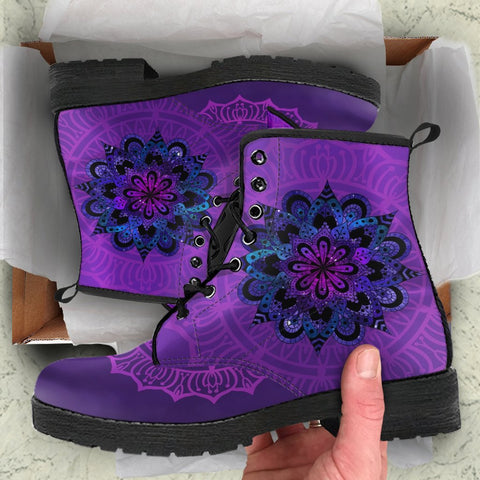 Image of Galaxy Purple Mandala, Women's Vegan Leather Boots, Lace-Up Boho Hippie Style, Mandala Ankle Design