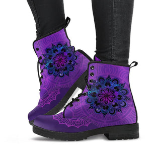Galaxy Purple Mandala, Women's Vegan Leather Boots, Lace-Up Boho Hippie Style, Mandala Ankle Design