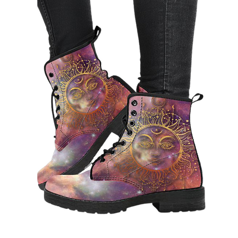 Image of Bright Galaxy Sun Moon, Women's Vegan Leather Boots, Chic Women's