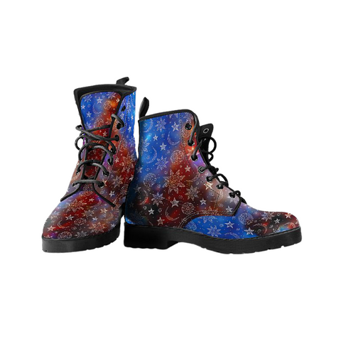 Image of Galaxy Sun Moon Stars - Women's Handcrafted Vegan Leather Boots, Ankle, Lace-Up, Fashionable Footwear