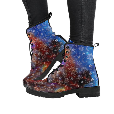 Image of Galaxy Sun Moon Stars - Women's Handcrafted Vegan Leather Boots, Ankle, Lace-Up, Fashionable Footwear