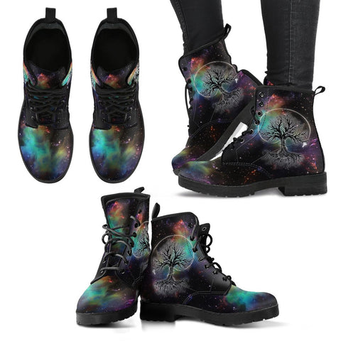 Image of Galaxy Tree Of Life Women's Vegan Leather Boots, Multi,Coloured, Combat Style,