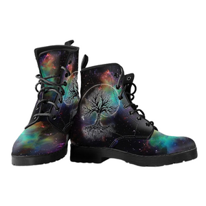 Galaxy Tree Of Life Women's Vegan Leather Boots, Multi,Coloured, Combat Style,