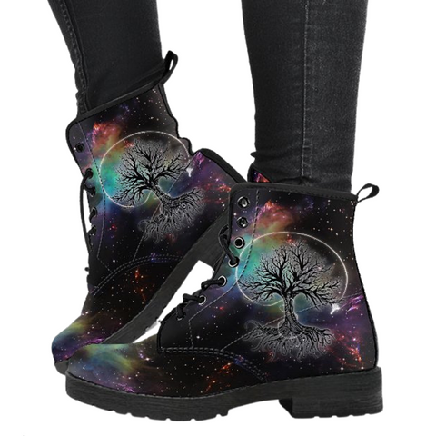 Image of Galaxy Tree Of Life Women's Vegan Leather Boots, Multi,Coloured, Combat Style,