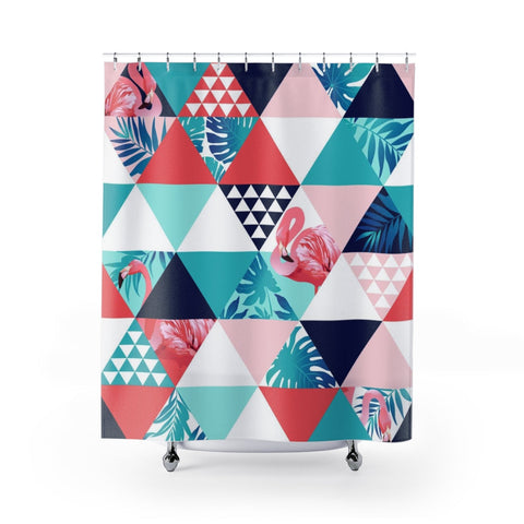 Image of Geometric Triangle Multicolored Blue & Pink Flamingo Tropical Shower Curtains,