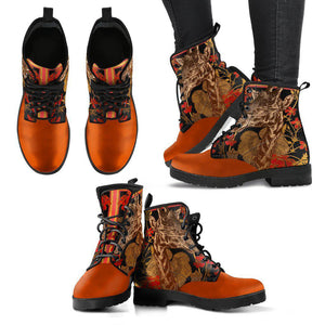 Burnt Orange Giraffe Floral Women's Vegan Leather Boots, Handcrafted Fashion