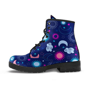 Blue Night Sky Moon Stars Women's Vegan Leather Boots, Handcrafted Winter