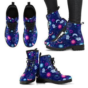 Blue Night Sky Moon Stars Women's Vegan Leather Boots, Handcrafted Winter