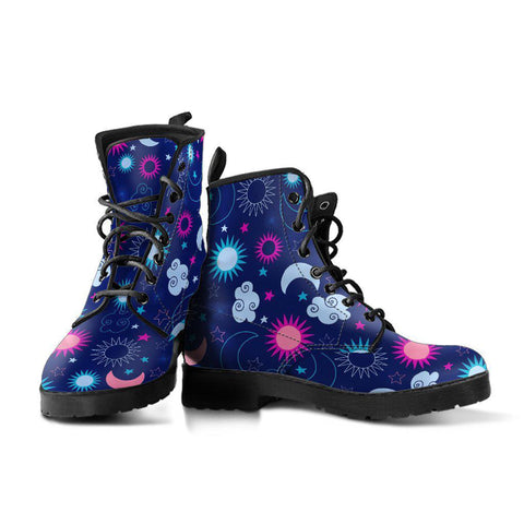 Image of Blue Night Sky Moon Stars Women's Vegan Leather Boots, Handcrafted Winter