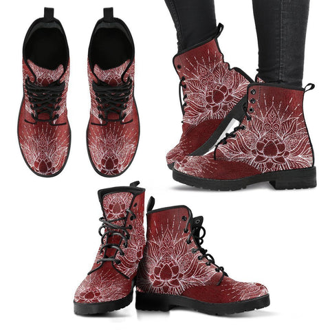 Image of Red Mandala Women's Leather Boots, Vegan, Multi,Coloured, Combat Style,