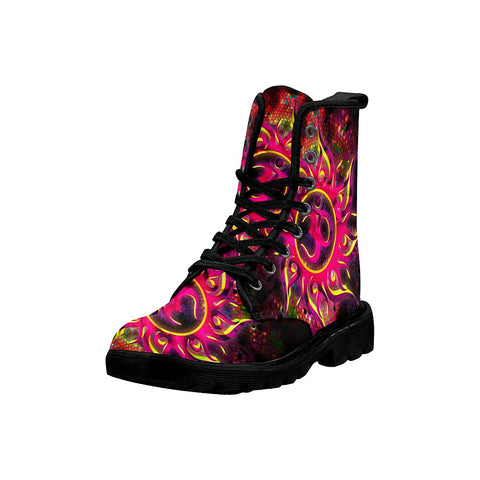 Image of Goa Trance Abstraction Pink Womens Lolita Combat Boots,Hand Crafted,Multi Colors