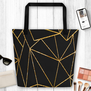 Gold Abstract Geometric Lines Multicolored Strap Large Tote Bag, Weekender Tote/