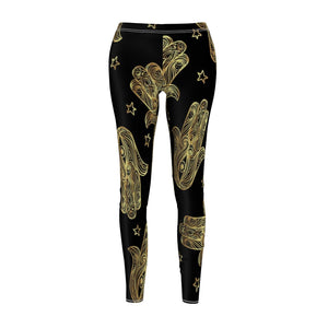 Gold Black Hamsa Hand Star Women's Cut & Sew Casual Leggings, Yoga Pants,