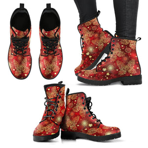 Gold Red Butterfly Women's Vegan Leather Boots, Multi,Coloured, Combat Style,