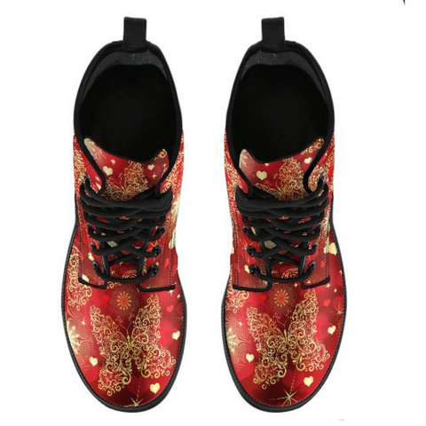 Image of Gold Red Butterfly Women's Vegan Leather Boots, Multi,Coloured, Combat Style,