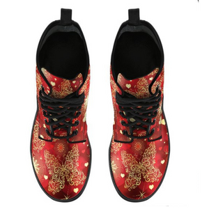 Gold Red Butterfly Women's Vegan Leather Boots, Multi,Coloured, Combat Style,