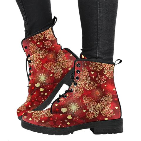 Image of Gold Red Butterfly Women's Vegan Leather Boots, Multi,Coloured, Combat Style,