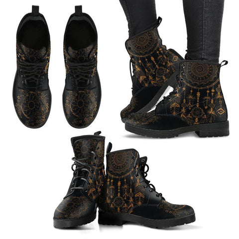 Image of Women's Gold Dream Catcher Pattern Vegan Leather Boots , Handcrafted Ankle Boots
