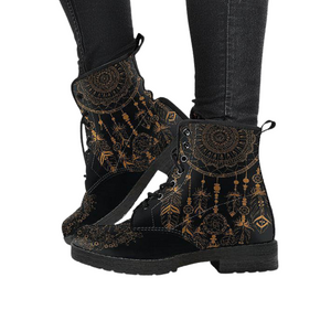 Women's Gold Dream Catcher Pattern Vegan Leather Boots , Handcrafted Ankle Boots