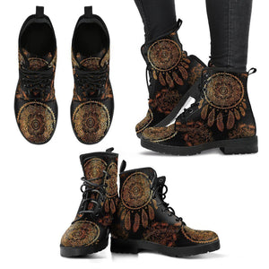 Dreamcatcher Theme Women's Leather Boots, Vegan, Multi,Colored, Combat Style,