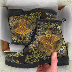 Gold Elephant Floral Mandala Women's Vegan Leather Boots, Handcrafted Fashion