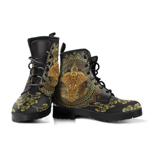 Gold Elephant Floral Mandala Women's Vegan Leather Boots, Handcrafted Fashion