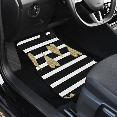 Image of Gold Hearts Black white lines Car Mats Back/Front, Floor Mats Set, Car Accessories