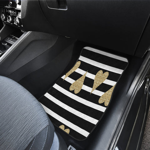 Image of Gold Hearts Black white lines Car Mats Back/Front, Floor Mats Set, Car