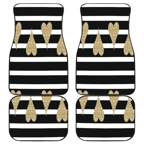 Image of Gold Hearts Black white lines Car Mats Back/Front, Floor Mats Set, Car Accessories