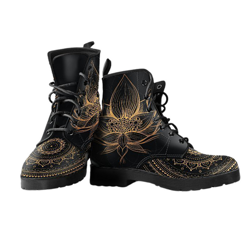 Image of Golden Lotus Women's Vegan Leather Boots, Stylish Galaxy Cosmos Design,