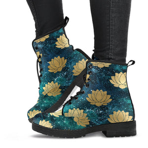 Gold Lotus Flower Galaxy Moon Women's Vegan Leather Boots, Handcrafted Rainbow