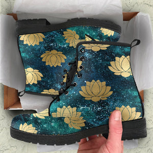 Gold Lotus Flower Galaxy Moon Women's Vegan Leather Boots, Handcrafted Rainbow